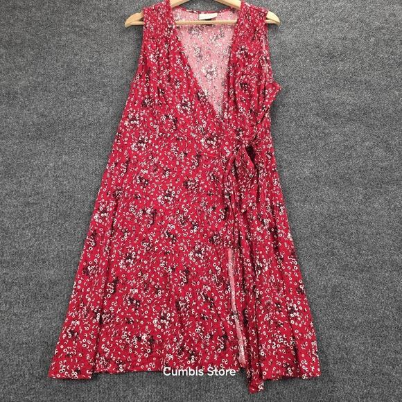 Universal Thread Wrap Dress Womens Large Red Floral Tie Waist Sleeveless V Neck - Picture 9 of 16